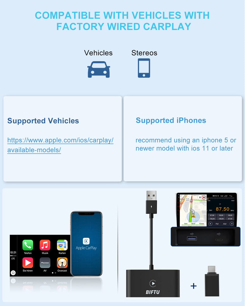 [AUSTRALIA] - Carplay Wireless Adapter for Apple iPhone, Plug and Play Car Play Dongle for Cars with Factory Wired Carplay Compatible with iPhone iOS 11+, Auto Connection, USB A/C Adapter