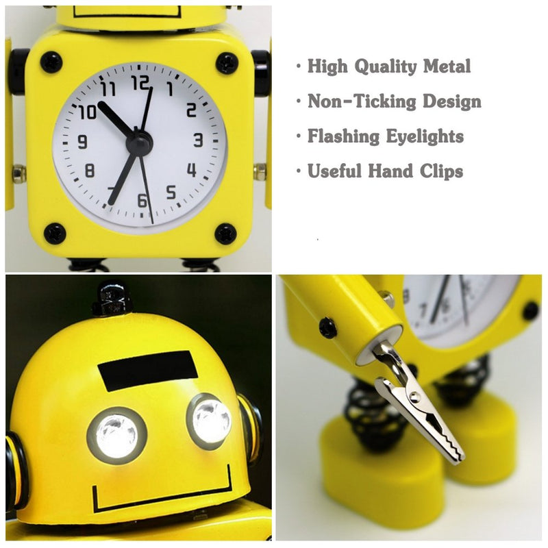  [AUSTRALIA] - Betus Non-Ticking Robot Alarm Clock Stainless Metal - Wake-up Clock with Flashing Eye Lights and Hand Clip (Yellow) Yellow