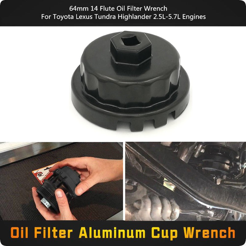  [AUSTRALIA] - Oil Filter Cap Removal Tool Aluminum Cup Wrench 64mm 14 Flute for Toyota Lexus Scion 2.5L to 5.7L Engines with Cartridge Style Oil Filter Housings Fits Camry, RAV4, Highlander, Sienna, Tundra and More