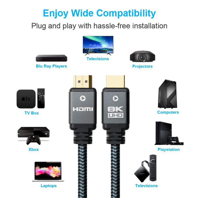 Yauhody 8K HDMI 2.1 Cable 6ft, 48Gbps Ultra High Speed Heavy Duty Nylon Braided HDMI 2.1 Cord, Real 8K@60Hz, 10K, 4K@144Hz, 4K@120Hz, eARC, HDCP 2.2 & 2.3, Dynamic HDR, 3D for Monitor, TV (6 Feet) 8K-6ft - LeoForward Australia