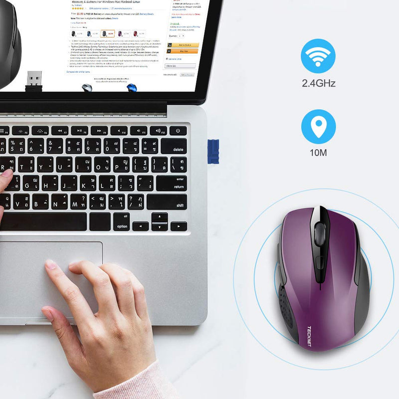  [AUSTRALIA] - TECKNET Pro 2.4G Ergonomic Wireless Optical Mouse with USB Nano Receiver for Laptop,PC,Computer,Chromebook,Notebook,6 Buttons,24 Months Battery Life, 2600 DPI, 5 Adjustment Levels Purple