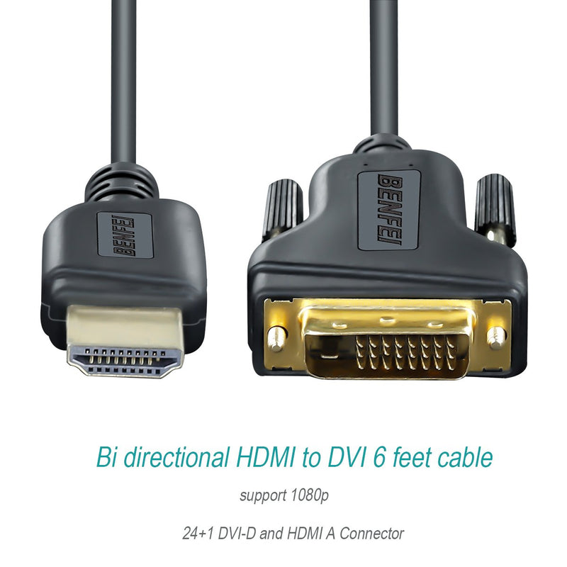  [AUSTRALIA] - HDMI to DVI 2 Pack, Benfei HDMI to DVI Cable Bi Directional DVI-D 24+1 Male to HDMI Male High Speed Adapter Cable Support 1080P Full HD Compatible for Raspberry Pi, Roku, Xbox One, PS4 PS3 6 Feet