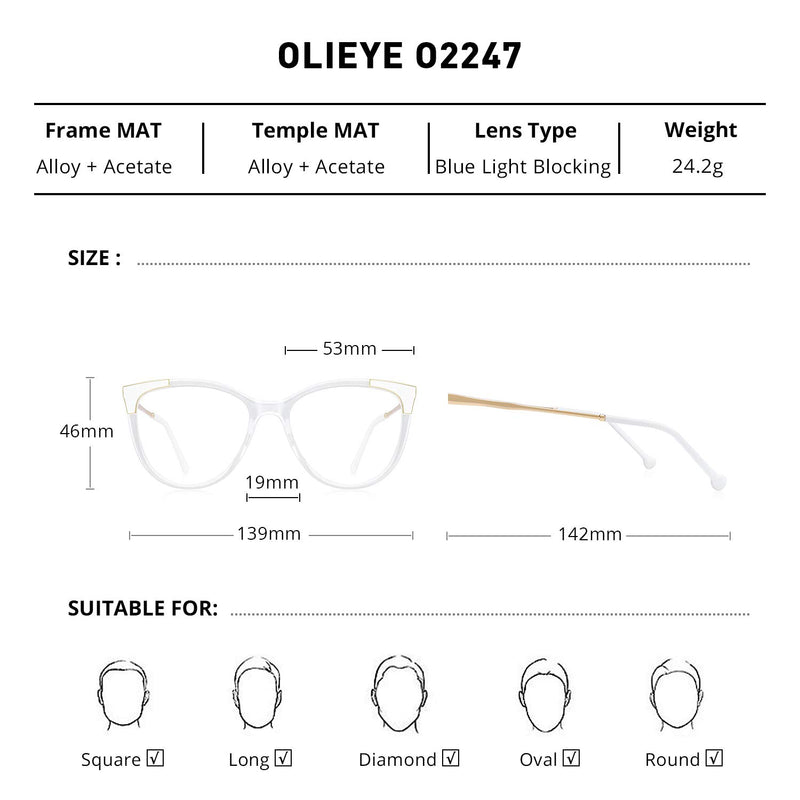 OLIEYE Cateye Blue Light Blocking Glasses Fashion Women Anti Eye Strain Computer Eyeglasses Frames Anti UV Clear Lens Transparent 53 Millimeters - LeoForward Australia