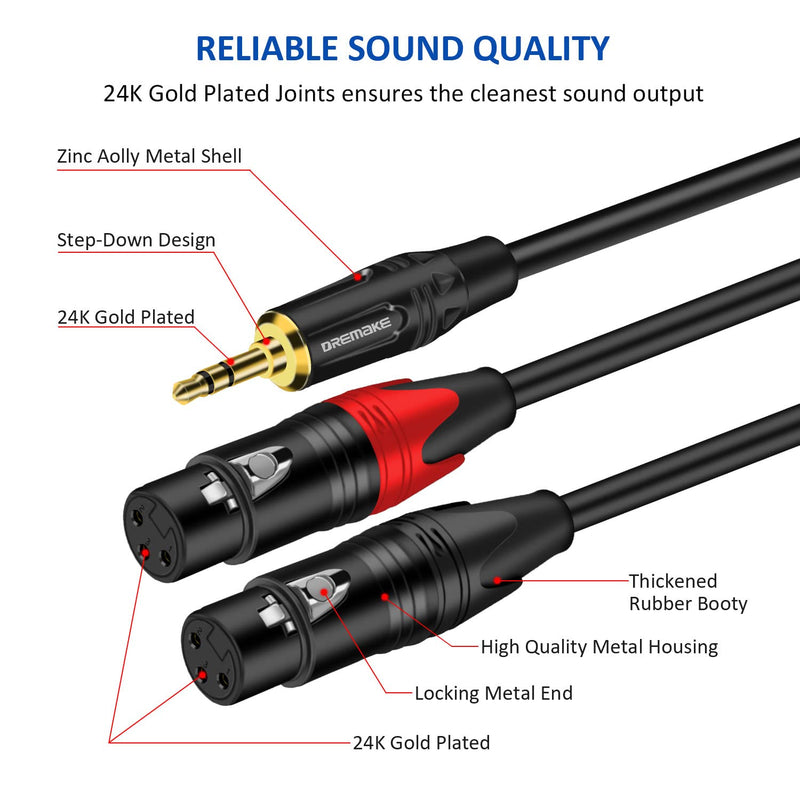  [AUSTRALIA] - DREMAKE 3.5mm TRS to Dual XLR Female Stereo Audio Breakout Cable 6FT, 1/8 Inch Male to Dual XLR 3-Pin Female Y-Splitter Adapter Cord, Dual XLR Female to 1/8'' Male Patch Mic Cable for Mixer Laptop 6FT/2.0M