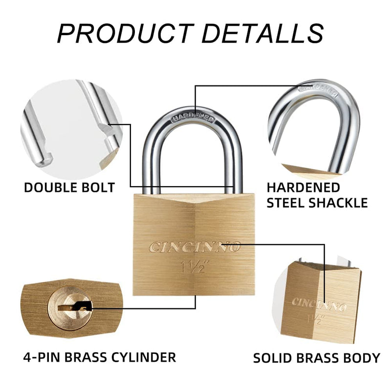  [AUSTRALIA] - CINCINNO Solid Brass Locks with Keys 4 Pack, Pad Lock with Wide Lock Body 1-9/16 in. (40 mm), Keyed Alike Padlocks for Sheds, Storage Unit School Gym Locker, Fence, Toolbox, Hasp Storage 40mm 4pack