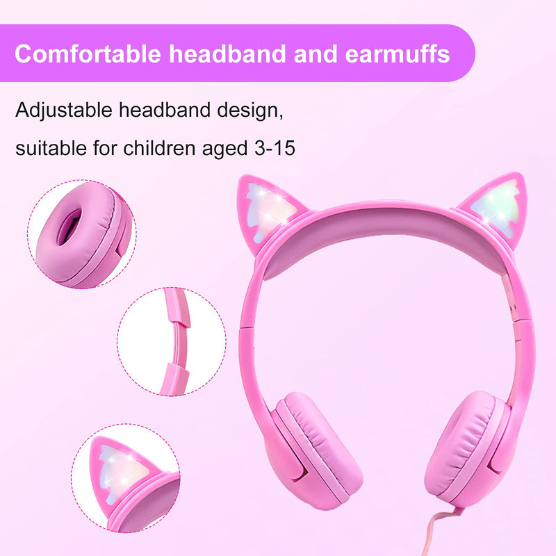  [AUSTRALIA] - Stereo Kids Headphones for School, Wired On-Ear Headphone with 85dB Volume Limited, Lightweight Cat Ear Earphones Online Learning with Shareport for Toddler/Boys/Girls/Laptop/Tablet/Travel - Pink