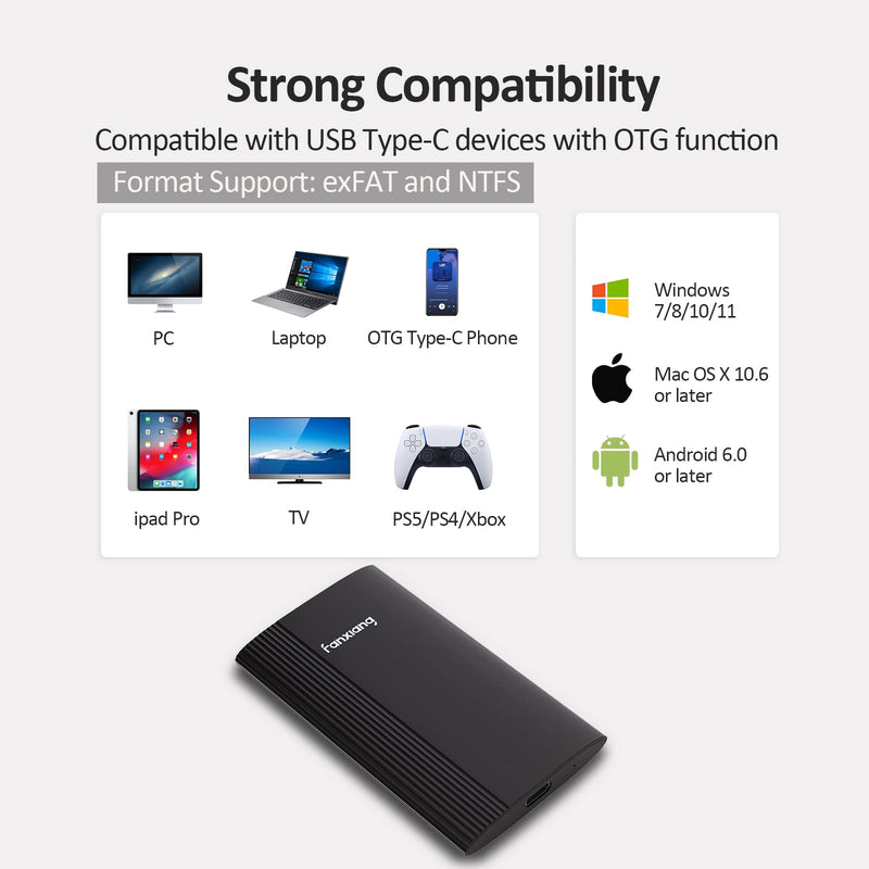  [AUSTRALIA] - Fanxiang P105 External Solid State Drive USB 3.2 Gen2, 512GB SSD External Hard Drive with C to A and C to C Cables, Portable SSD Compatible with PC/Mac/Android/Game Consoles(Black)
