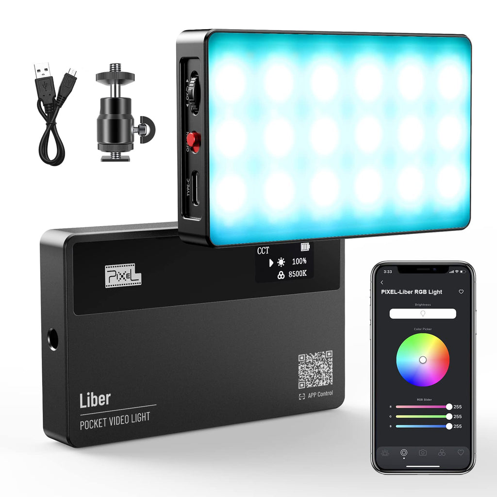  [AUSTRALIA] - Pixel Liber RGB Video Light,Support Magnetic Attraction and App,Full Color,2500K-8500K, Mini LED Aluminum Alloy Body Portable Pocket Video Light for Tiktok, Video Conference, Photography，YouTube. black