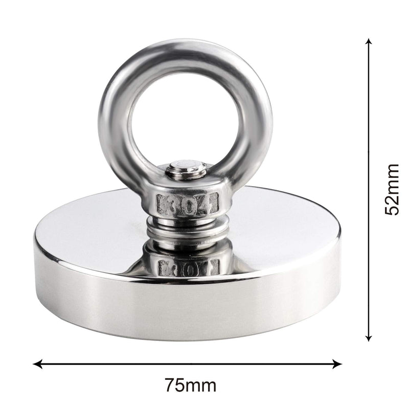  [AUSTRALIA] - DIYMAG Super Strong Neodymium Fishing Magnets, 600 lbs(272 KG) Pulling Force Rare Earth Magnet with Countersunk Hole Eyebolt Diameter 2.95 inch(75 mm) for Retrieving in River and Magnetic Fishing NJ 75MM