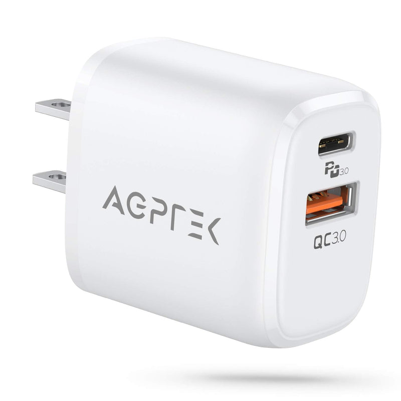  [AUSTRALIA] - USB C Wall Charger 20W, AGPTEK Dual Port PD Power Delivery + Quick Charge 3.0 Fast Charger Block Plug for iPhone 12/11 /Pro Max, XS/XR/X, 8/7/6, iPad Pro, AirPods Pro, Samsung Galaxy, Pixel (White)