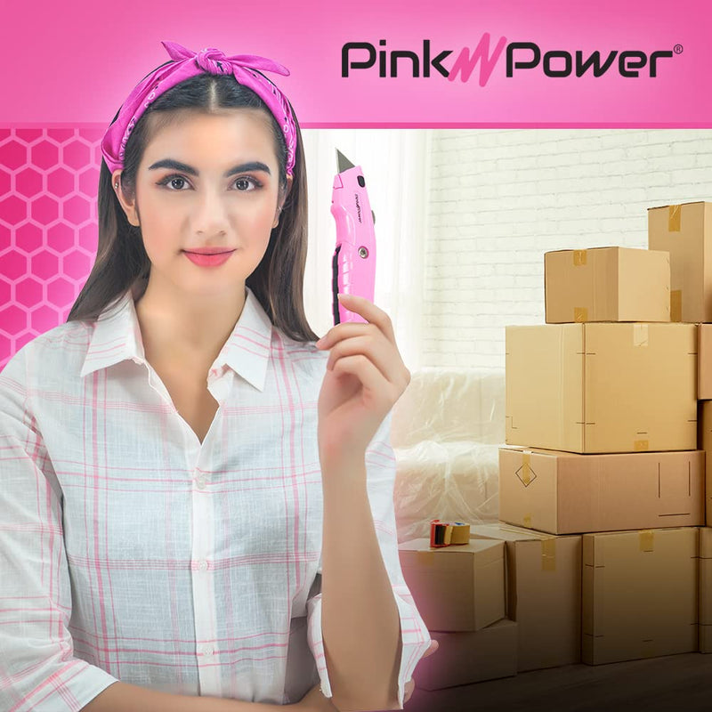  [AUSTRALIA] - Pink Power Pink Box Cutter Retractable, Pink Utility Knife for Carpet, Cute Box Cutter Knife Heavy Duty with 3 Blades and Storage Compartment - Box Opener Pocket Utility Pink Knife Tools for Women