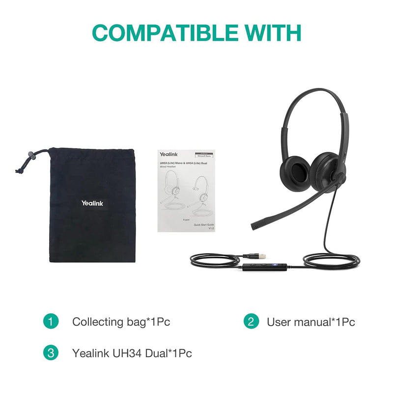  [AUSTRALIA] - Yealink Headset with Microphone USB Headset Computer Headset PC Laptop Headset Teams Certified UH36 UH34 Wired Noise Cancelling with Mic Stereo (for Microsoft Optimized, Dual-LITE-USB A) for Microsoft Optimized