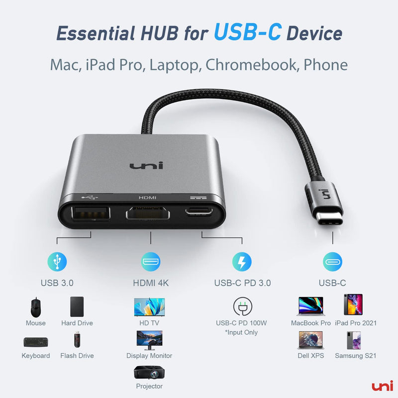  [AUSTRALIA] - USB C to HDMI Multiport Adapter, uni USB-C / Thunderbolt 3 to [4K HDMI, PD 100W Charging, USB 3.0] Digital AV Adapter 3-in-1 Hub Compatible with iPad Pro 2020, MacBook Pro/Air 2020, XPS 15, Galaxy S21