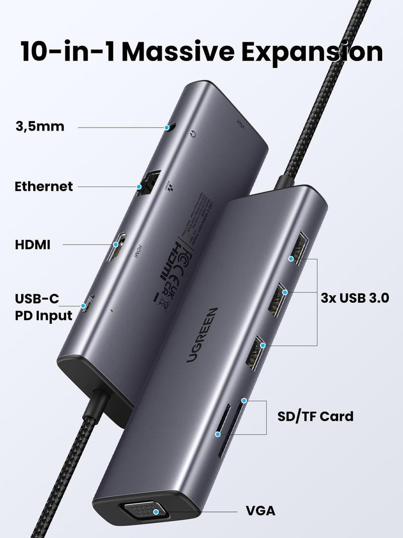  [AUSTRALIA] - UGREEN USB C Hub, 10-in-1 USB-C Dongle with 4K HDMI & VGA Dual Monitor, 1Gbps Ethernet, 100W PD, 3 USB 3.0 Ports, 3.5mm Audio Jack, SD/TF Card Slots, USB C Hub Multiport Adapter for Laptop, Tablet