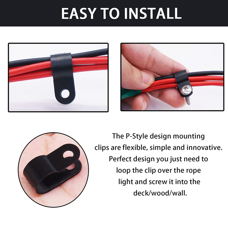  [AUSTRALIA] - mankk 100PCS 1/4 Inch Rope Light Clips P-Style Mounting Clips Plastic Cable Clamps for Wire Management M-034-BK Black