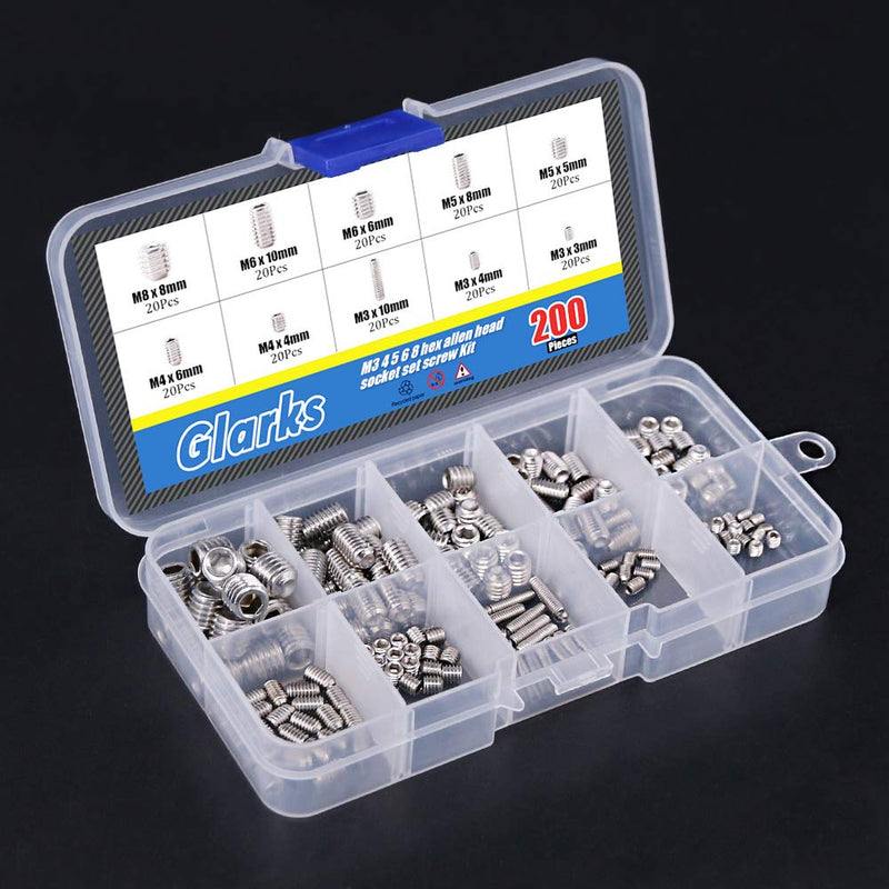  [AUSTRALIA] - Glarks 200-Piece M3 4 5 6 8 Hex Allen Head Socket Set Screw Assortment Kit (304 Stainless Steel) 200Pcs Silver Metric Set Screws Kit