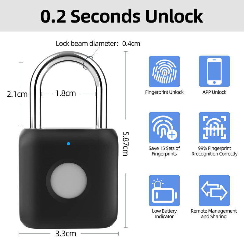  [AUSTRALIA] - Fingerprint Padlock, Pothunder Padlock, Locker Lock, Combination Lock, Gym Locker Lock with Fingerprint and Bluetooth Unlock, USB Rechargeable, Suitable for Gym, Gate, Door, School, Locker(P8BF-Black) Black