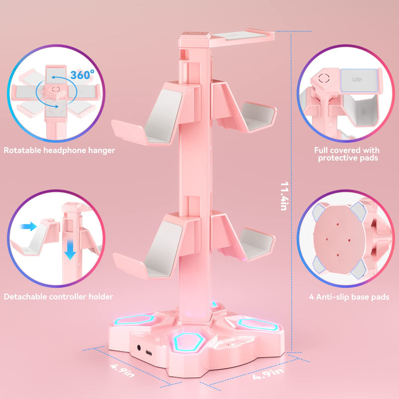  [AUSTRALIA] - KDD RGB Headphone Stand with 9 Light Modes - Rotatable Pink Game Headset Holder with 3.5mm AUX & 2 USB Port - Suitable for PC Desk Accessories Gamers Gift(Pink)