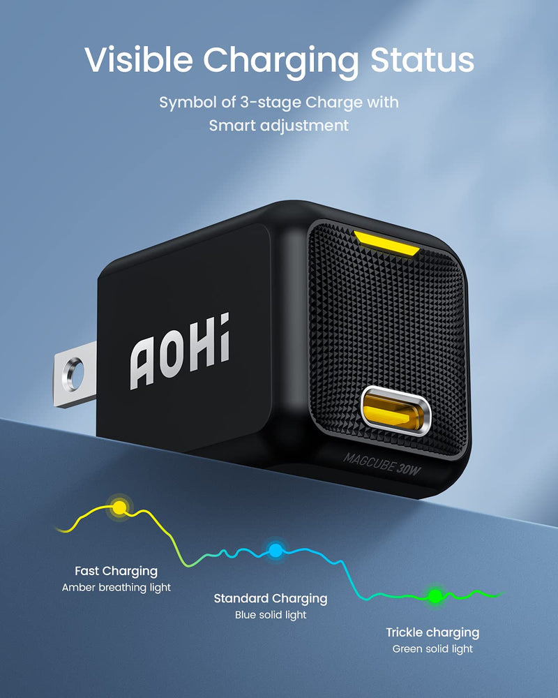  [AUSTRALIA] - USB C Charger, AOHI Magcube 30W PD Mini Fast Charger GaN+ Wall Charger Power Adapter for iPhone 14/Plus/Pro/Pro Max/MacBook/iPhone 13/13 pro/ 12 Mini Pro Max/iPad Pro/Galaxy S21, Pixel, Black