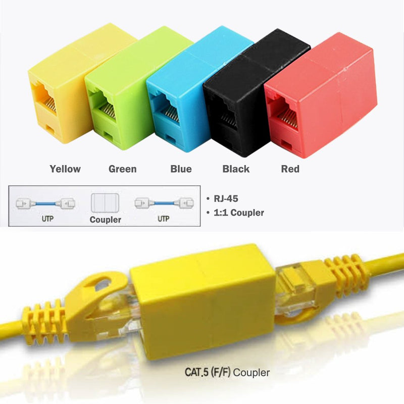 DCKR LAN Coupler RJ45 8P8C Modular Network Inline Ethernet Latch Female Coupler (5 Pack) - Red/Yellow/Green/Blue/Black - LeoForward Australia