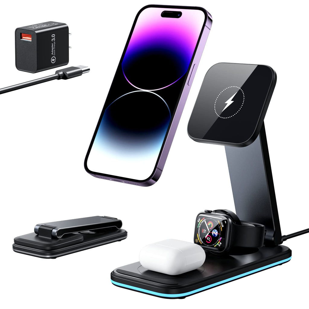  [AUSTRALIA] - Aluminum Alloy Mag-Safe Wireless Charger, BOCLOUD Foldable 3 in 1 Wireless Charging Station Portable Fast Charger Stand for iPhone 14,13,12 Pro Max/Pro/Mini, iWatch 8/SE2/7/6/SE/5/4/3/2, AirPods