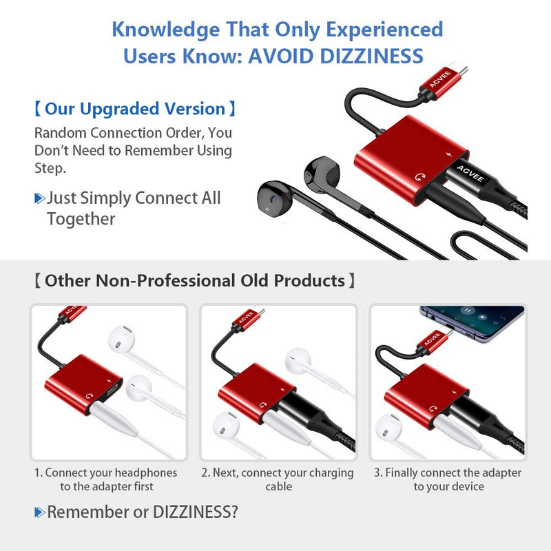  [AUSTRALIA] - AGVEE 2-in-1 USB-C to 3.5mm Microphone Headphone Adapter, Type-C Mic AUX Earbud Splitter, USBC Audio Earphone Converter, PD 27W Charger Dongle for Samsung S21 S20 Note 20/10, iPad Pro, Pixel, Red