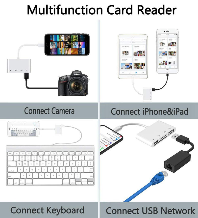 SD TF Card Reader Lightning Adapter, rosyclo Apple MFi Certified 4 in 1 USB OTG Camera Connection Kits Charge Cable for iPhone, Compatible with iPhone12/11/11Pro/X/iPad, Support iOS 9.2-14+(White) - LeoForward Australia