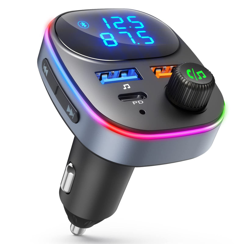  [AUSTRALIA] - Bluetooth 5.3 FM Transmitter for Car Radio [2023 New],Wireless Bluetooth FM Transmitter with PD 20W and QC 3.0 Fast Charging, Hands-Free & Voice Assistant, HD Display Screen, and 7-Color LED Lights Black