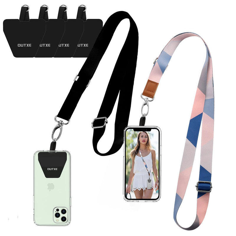  [AUSTRALIA] - OUTXE Phone Lanyard- 2-Pack Adjustable Neck Strap, 4× Pad with Adhesive, Nylon Cell Phone Lanyard Compatible with All Smartphone Black + Blue Stripes