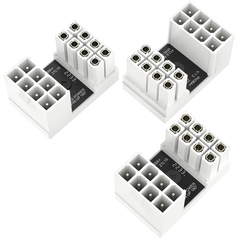  [AUSTRALIA] - 3-Pack PCIe 8 Pin 180 Degree Adapter, Jeymei U Turn 180 Degree Angle 8 Pin Connector GPU 180 Degree Adapter White PCIe Adapter for Desktop PC Graphics Card - Standard Type 3-Pack Standard Connector - White