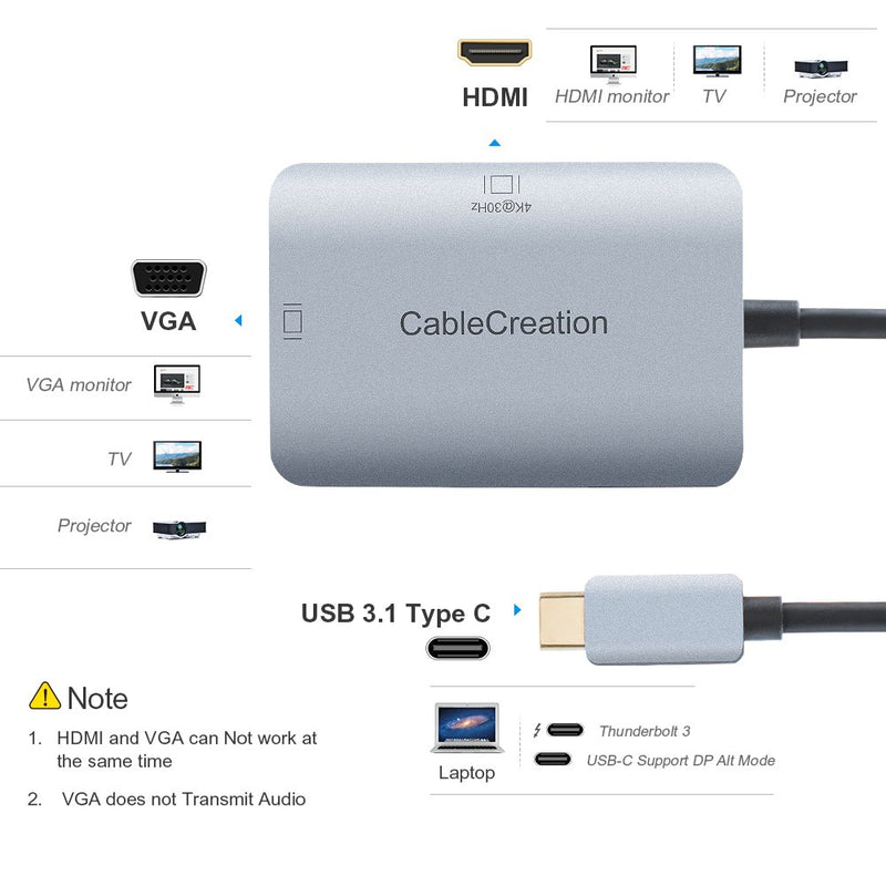 USB C to VGA HDMI Adapter, CableCreation 2 in 1 USB C to HDMI VGA Converter, Compatible with MacBook Pro 2020, MacBook Air 2020, Surface Book 2, XPS 13, ChromeBook Pixel, Galaxy S20, S10 HDMI:4k*2k@30HZ, VGA:1920*1200@60Hz - LeoForward Australia