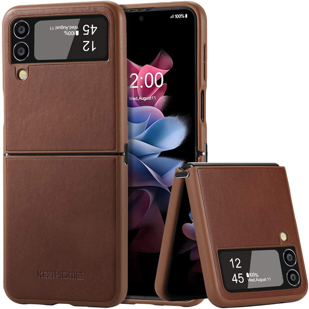  [AUSTRALIA] - KEZiHOME Samsung Galaxy Z Flip 4 Case, Samsung Z Flip 4 Genuine Leather Case, Slim Thin Shockproof Full-Body Protective Cover Phone Case Compatible with Galaxy Z Flip 4 5G (Brown) Brown
