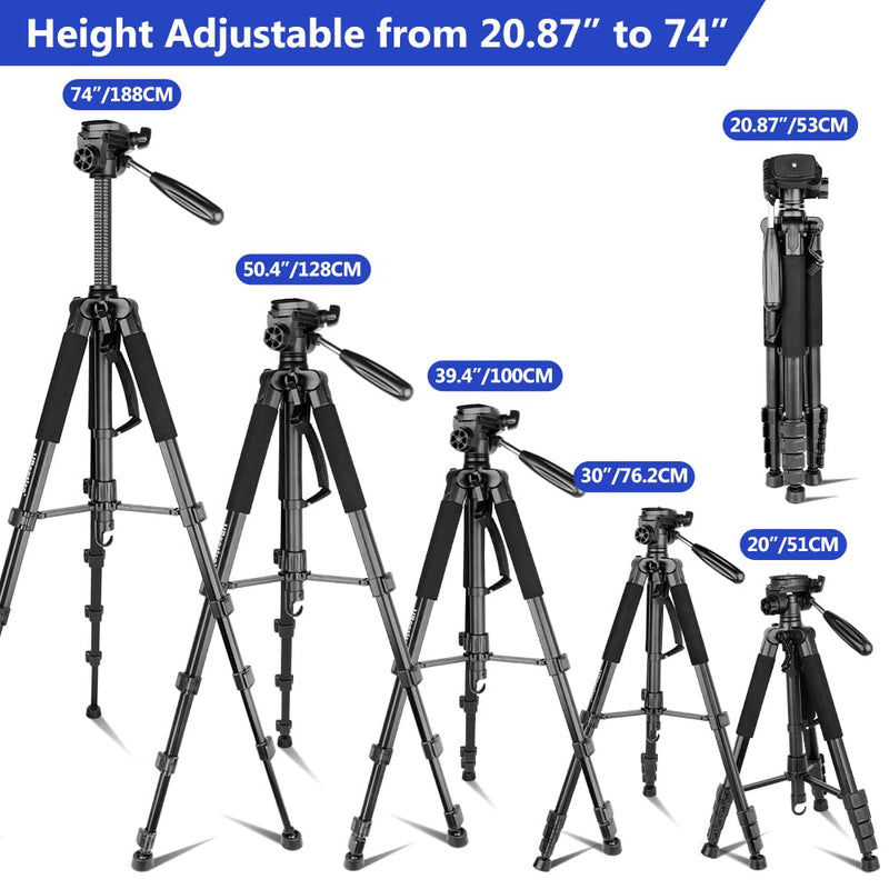  [AUSTRALIA] - 74’’ Camera Tripod Bundle with Cell Phone Tripod with Wireless Remote and Phone Holder, Compatible with Cellphone, Camera, Gopro