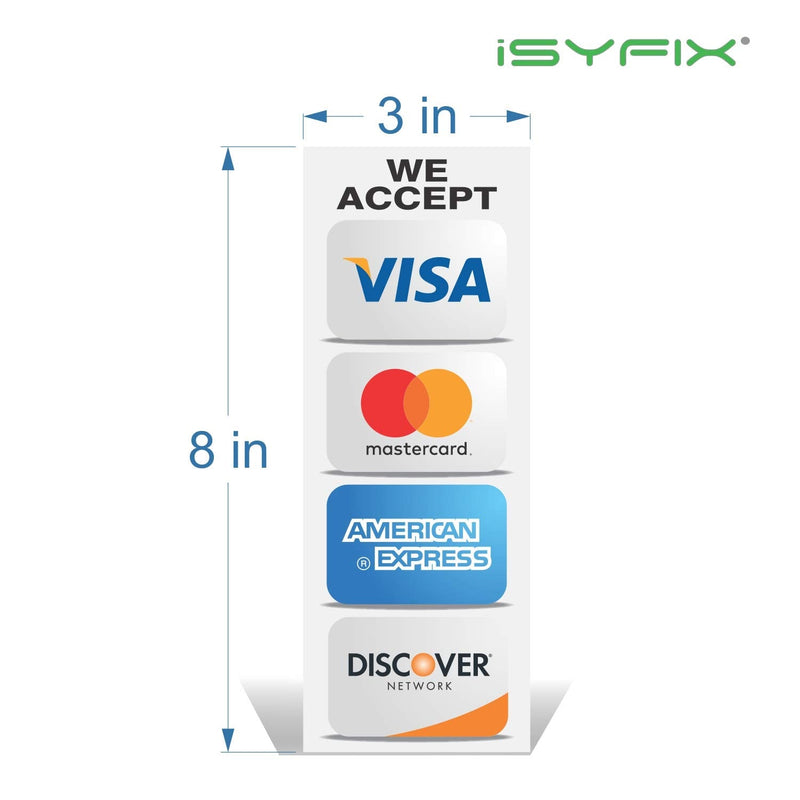  [AUSTRALIA] - Credit Card Sticker Signs Stickers – 4 Pack 3”x 8” Inch - We Accept Visa, MasterCard, Amex & Discover, Premium Self-Adhesive Vinyl, Laminated, UV, Weather, Scratch, Water and Fade Resistance