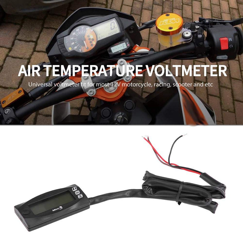  [AUSTRALIA] - Terisass Motorcycle Voltmeter 3-in-1 DC 6.0V-19.9V Motorcycle Voltmeter Mini Air Temperature & Time Clock & Voltage Meter Universal Black