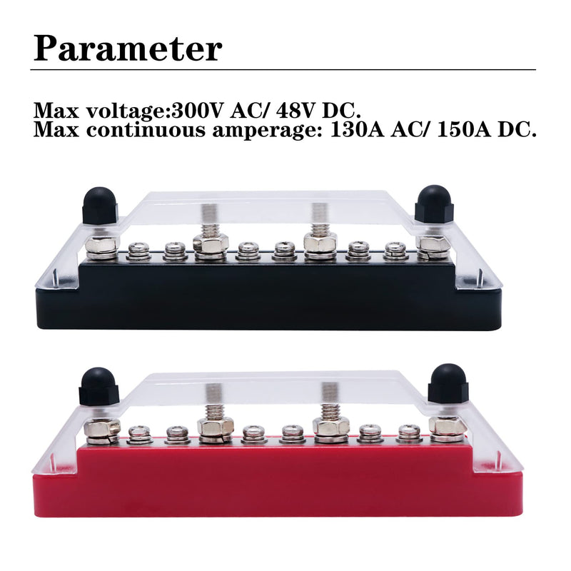  [AUSTRALIA] - 12V Bus Bar Power Distribution Block with Cover 4 x 1/4" Studs 6 x #8 Terminal Screws Marine Battery Bus Bar Terminal Block with Ring Terminals for Caravan RV Car Boat Marine (Red+Black)