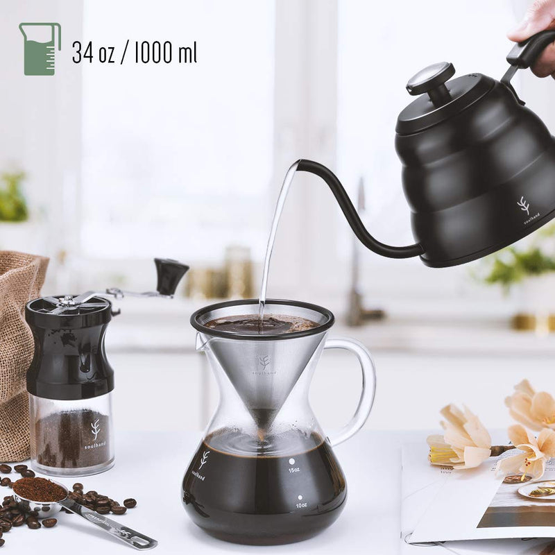  [AUSTRALIA] - Soulhand Pour Over Coffee Kettle with Built-In Thermometer with Gooseneck Spout Stainless Steel Stovetop Coffee Tea Pot Support Stove and Fire -34oz/1000ML Black 34floz