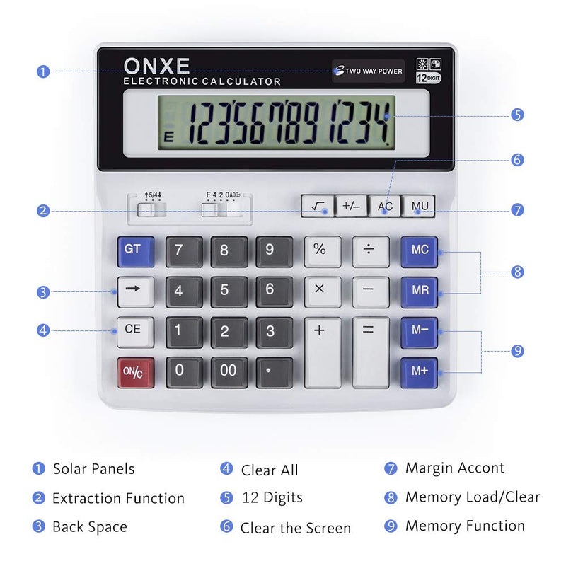  [AUSTRALIA] - Calculator, ONXE Standard Function Scientific Electronics Desktop Calculators, Dual Power, Big Button 12 Digit Large LCD Display, Handheld for Daily and Basic Office (White)