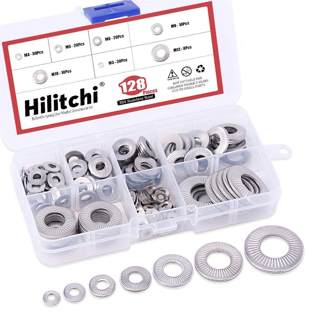  [AUSTRALIA] - Hilitchi 128-Pcs [M3 - M12] Stainless Steel Washers Metric 304 Stainless Steel Belleville Spring Disc Washer Assortment Set
