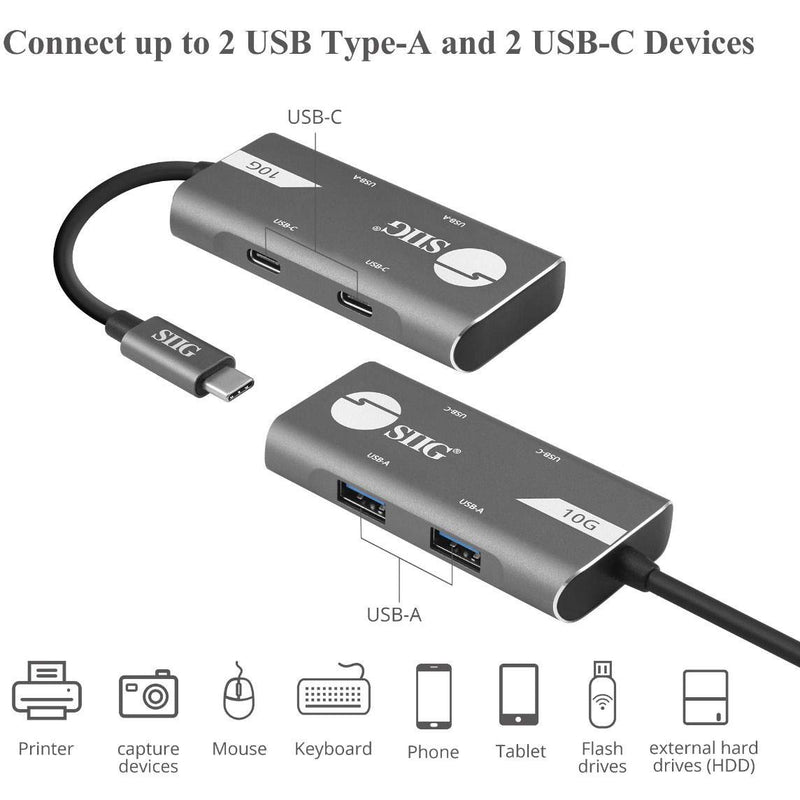 SIIG 4-Port USB 3.1 Gen 2 10G Hub - 2X USB-C & 2X USB-A Ports at Ultra High Speed Data Transfer Rates, Plug-n-Play for Windows and Mac Systems (JU-H40G11-S1) - LeoForward Australia