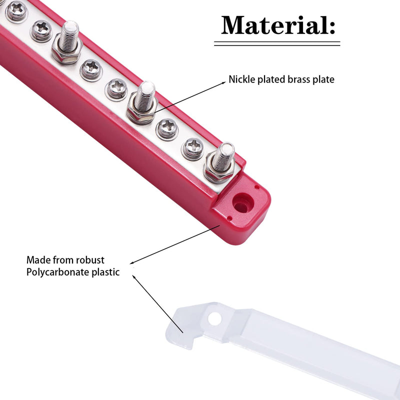  [AUSTRALIA] - 12V Bus Bar Power Distribution Block with Cover 4 x 1/4" Studs 6 x #8 Terminal Screws Marine Battery Bus Bar Terminal Block with Ring Terminals for Caravan RV Car Boat Marine (Red+Black)