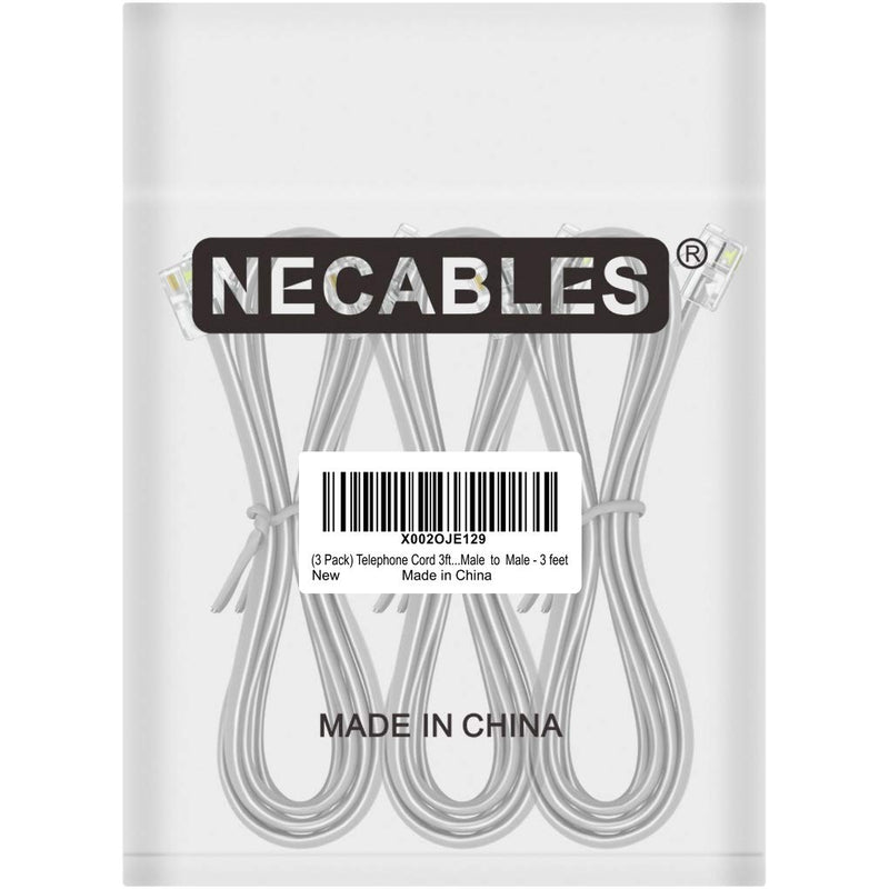 NECABLES (3 Pack) Phone Cord 3ft Telephone Cable RJ11 6P4C Male to Male for Landline and Fax - 3 Feet - LeoForward Australia