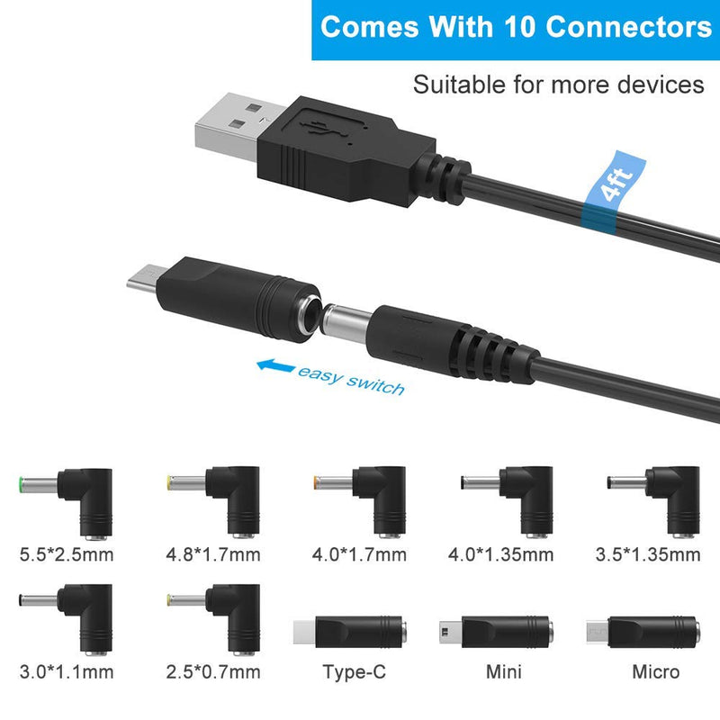  [AUSTRALIA] - IBERLS Universal 5V DC Power Cable, USB to DC 5.5x2.1mm Plug Charging Cord with 10 Connector Tips(5.5x2.5, 4.8x1.7, 4.0x1.7, 4.0x1.35, 3.5x1.35, 3.0x1.1, 2.5x0.7, Micro USB, Type-C, Mini USB)
