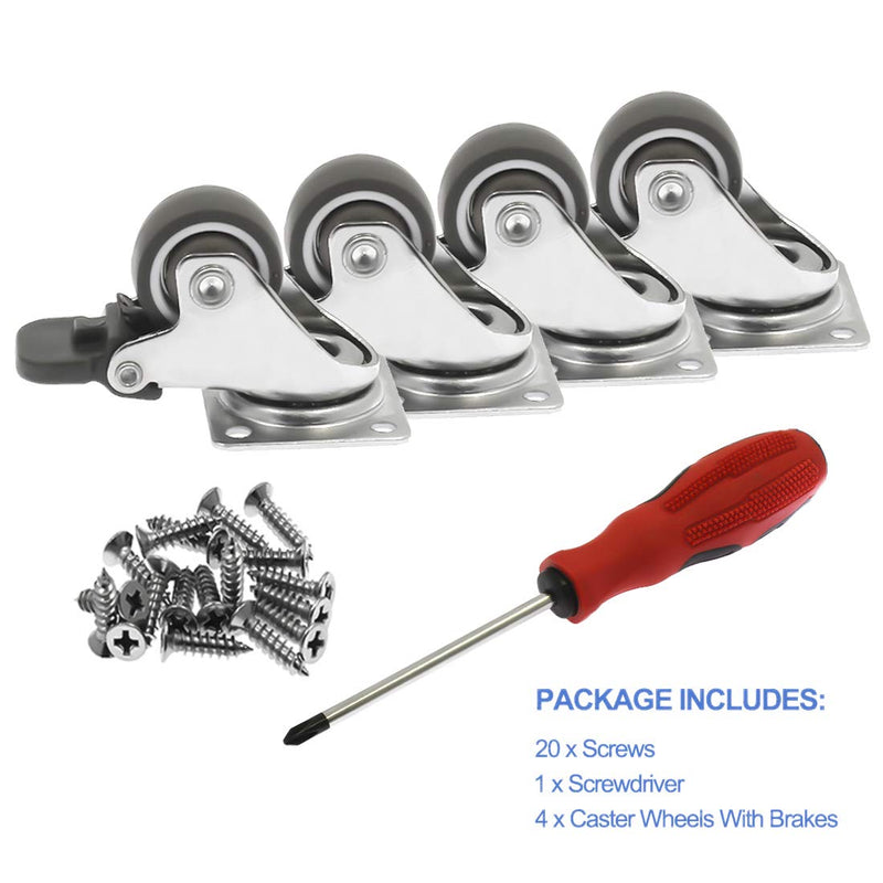  [AUSTRALIA] - Luomorgo 4 Pack 1" Caster Wheels with Brakes Rubber Swivel Heavy Duty Casters with 360 Degree Top Plate, 100 lbs Total Capacity Caster, 20 Screws & A Handy Screwdriver for Free