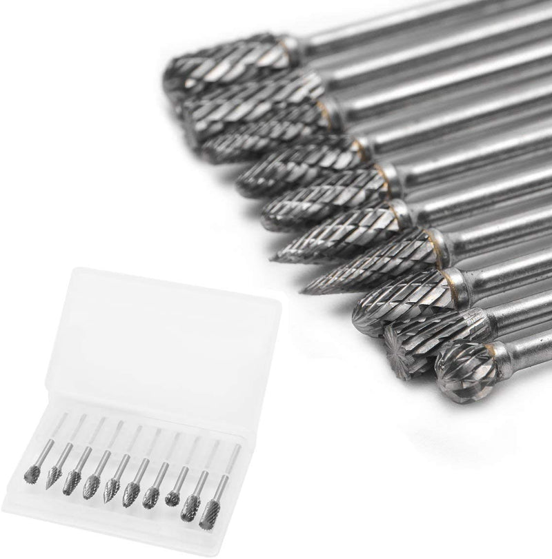  [AUSTRALIA] - Yakamoz 10 Pieces Double Cut Tungsten Steel Solid Carbide Rotary Burrs Set with 1/8"(3mm) Shank Twist Drill Bit for Woodworking Drilling Carving Engraving Rotary Tools
