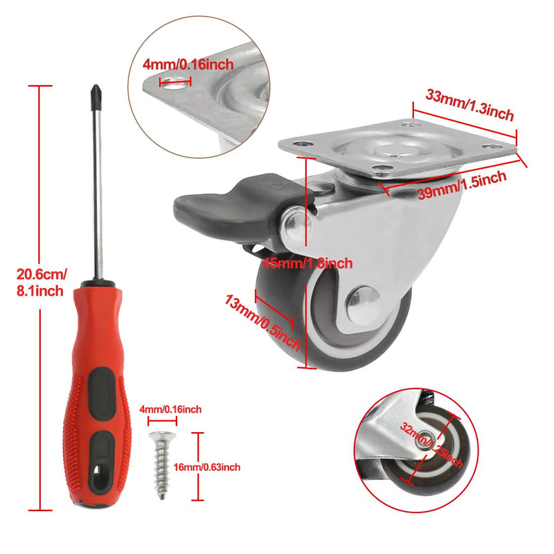  [AUSTRALIA] - Luomorgo 4 Pack 1.25" Caster Wheels with Brakes Rubber Swivel Heavy Duty Casters with 360 Degree Top Plate, 140 lbs Total Capacity Caster, 20 Screws & A Handy Screwdriver for Free