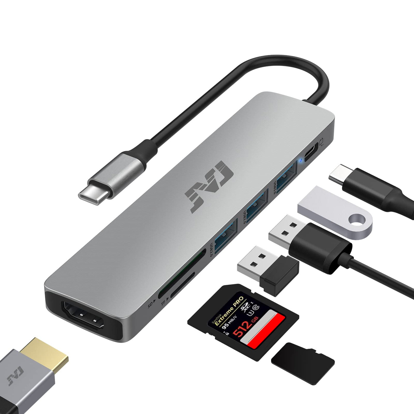 USB C Hub Multiport Adapter, JVJ 7-in-1 Type C Hub with 4K HDMI