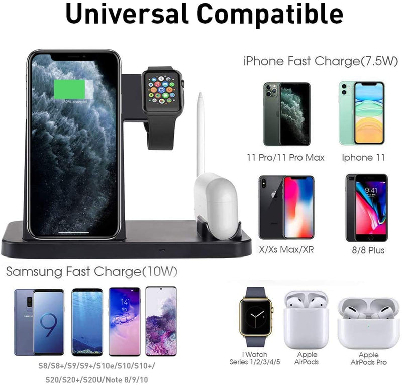  [AUSTRALIA] - AICase 4 in 1 Wireless Charger, iWatch & A irPods & Pencil Charging Dock Station, Nightstand Mode for iWatch Series 5/4/3/2/1, Fast Charging for Phone 11/11 Pro Max/XR/XS Max/Xs/X/8 Plus/8 (Black)