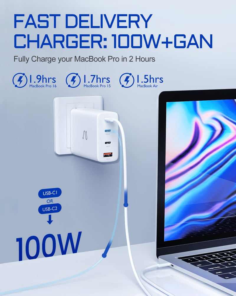  [AUSTRALIA] - USB C Wall Charger, Aergiatech 100W PD PPS GAN Fast Charger 4-Port, Foldable Travel USB C Charger Block, Type C Power Adapter for MacBook, iPad Pro, iPhone, Galaxy S22+/S22 Ultra, Pixel, Laptop, White