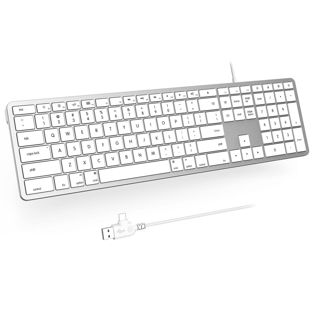  [AUSTRALIA] - seenda Wired Keyboard for Mac, with USB A and Type C 2-in-1 Connector, Mac Keyboard Wired Full Size Ultra Slim Quiet, US Layout for Mac OS, Apple iMac, MacBook Pro/Air, Mac Mini, White Silver